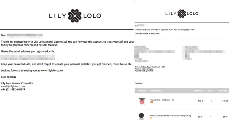 Lily Lolo（リリーロロ）の会員登録と注文が確定し、メールが届きます。